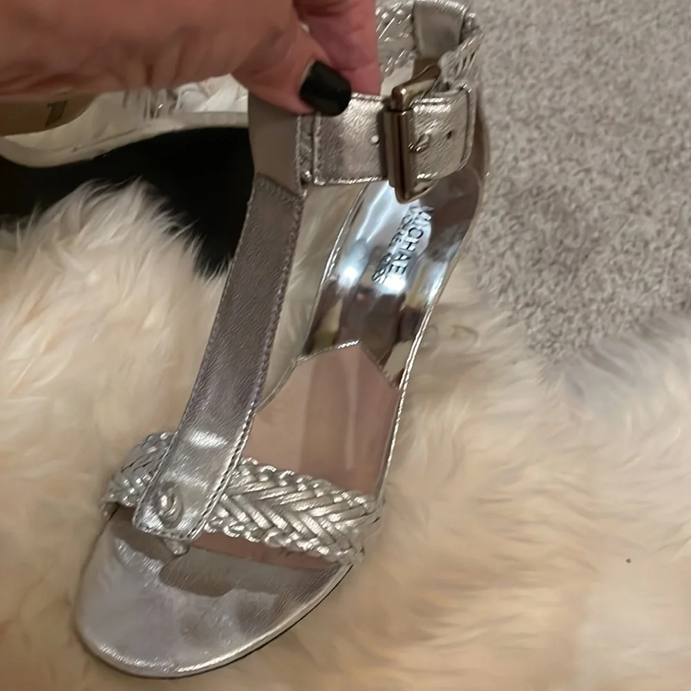 Michael Kors Silver Leather Heeled Sandals w/ Ankle Straps